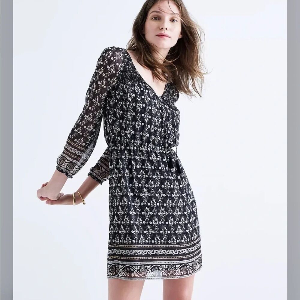 Madewell Woodland Dress Sz 6 Artisan Floral Black Boho Fall Flowy Tassel Peasant